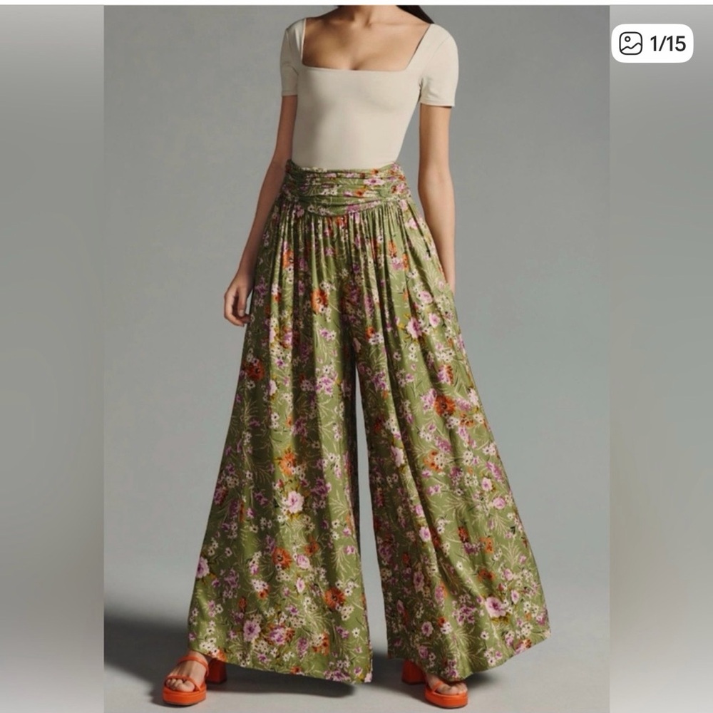 Anthropologie Olive Floral Wide-Leg Pants